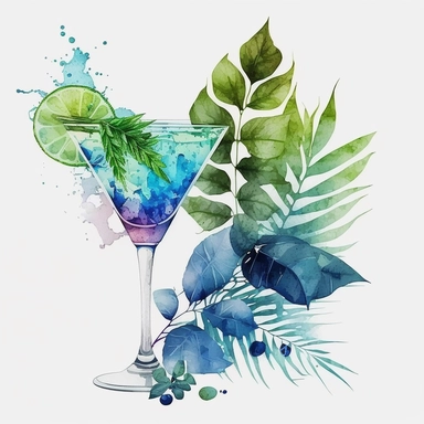 Cocktail Clipart, blue hawaiian, lime, leaf, watercolour style, white background, no text in PNG file