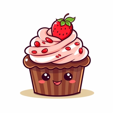 Cute strawberry and chocolate cupcake with a cute cherry flat vector design cartoon for clipart and logo png