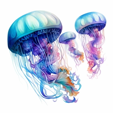 Amidst swirling hues of cerulean and azure, the watercolor jellyfish gracefully glided through an ethereal underwater tapestry, their tentacles trailing behind like elegant brushstrokes in a vibrant aquatic masterpiece. clipart on white background