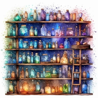 discopunk rustic library shelves covered in old books small potion bottles crystals and herbs, swirling color with tiny stars in the background, northern lights, isolated on white background, clipart, highly detailed
