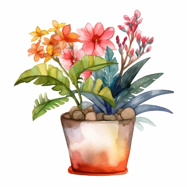 Watercolor clipart tropical single planter, with colorful beautiful flowers, Watercolor clipart tree planter, single watercolor houseplant clipart in pot, black contour around the leaves, white background,
