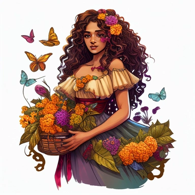 a gorgeous Indian woman, curly hair with ruffles, big basket with flowers in her hand, Leonardo Da Vinci style, luxury, chain of flowers in the background, butterflies, dandelions, vibrant colors, dressed in several dresses, white background, clipart