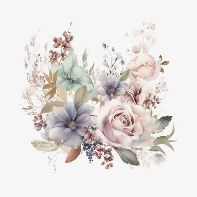 watercolor floral clipart on pure white background, in the style of muted and subtle tones, intricate floral arrangements, uhd image, subtle realism, asymmetrical framing, fawncore, wedding clipart, floral accents, no background