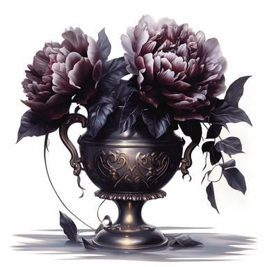 gothic dark peonies in metallic vase, painting, dark fantasy, clipart, digital art techniques, eerie compositions, white background