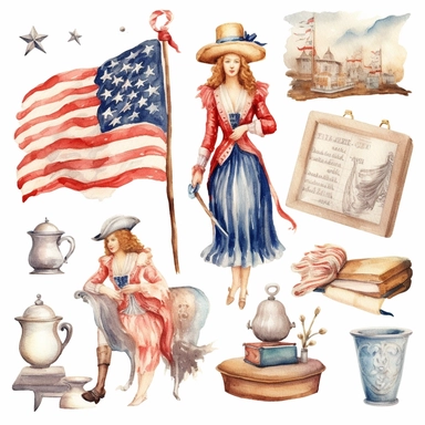 american theme clipart, independence day, in the style of dreamy watercolor scenes, detailed miniatures, free brushwork, pictorial fabrics, pattern, founding fathers sticker art style, patriotic american colors, white backround