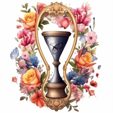 Clipart, A charming hourglass nestled amidst flowers, isolated on a white background with a wide margin