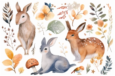 watercolor cute and friendly animals such as deer, rabbits, and birds that live in the forest clipart, HD, with white background, spaced out