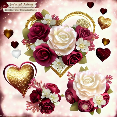 beautiful, extremely detailed, realistic, light burgundy and white roses, good lighting, clear and sharp on elegant, sparkling, detailed, gold glitter, puffy satin hearts, Watercolor Valentine's day wreaths and clipart, Hand painted hearts,