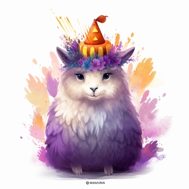 plump purple llama portrait game character, Wuxia, pumpkin crown on her head, kabuki, full body, hyper detailed, Studio Ghibli and Makoto Shinkai, cartoon style, 2d watercolor clipart vector, cozy, creative and imaginative, hd, white background