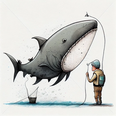 funny big sish going to fishing big shark , CLIPART, watercolor, ink, ultra-detailed, cartoon style, white background, black outside lines –testp,