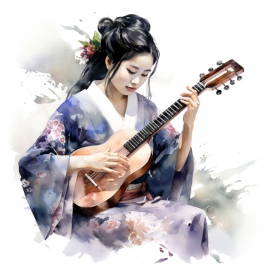 Illustrate a watercolor clipart portrait of a Geisha playing the shamisen, a traditional Japanese musical instrument, capturing the elegance and skill of the Geisha artistry, clipart, white background