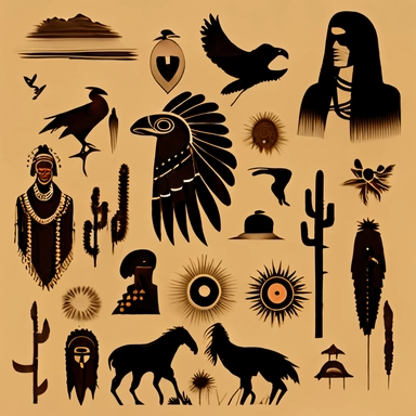 black silhouette native American symbols clipart tan background