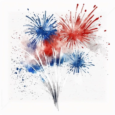 red white and blue fireworks, watercolor, clip art, white background