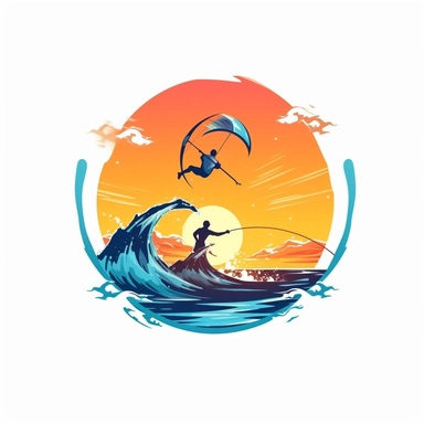 create a flat logo of a kitesurfering in action against a vibrant sunset backdrop and amazing blue waves, capturing the adventurous spirit and the beauty of the merging sports. realistic proportions, vibrant vector, clipart, illustration, realism, 4k, cinematic, front view, white background,