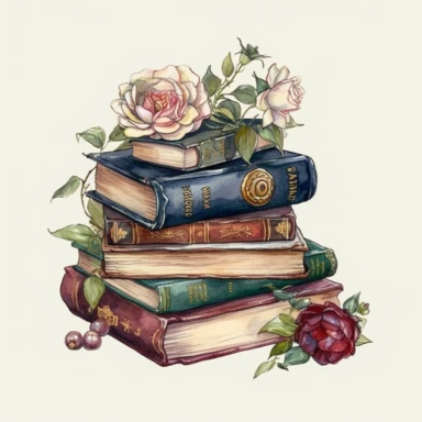 watercolor clipart, vintage books with flowers, in the style of romanticized nostalgia, victorian era, light navy and light maroon, marsh green, fantasy realistic, detailed shading, hannah flowers, romantic colors, white background,