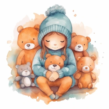 watercolor clipart cute bears with little girl, in the style of uhd image, naturecore, whitcomb-girls, cottagecore, light orange and dark cyan