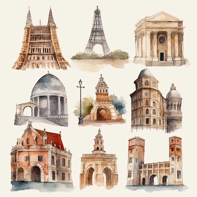 Watercolor famous landmarks in europe Clipart, travel, Minimalist Watercolor, Clipart, Separated design, 8k