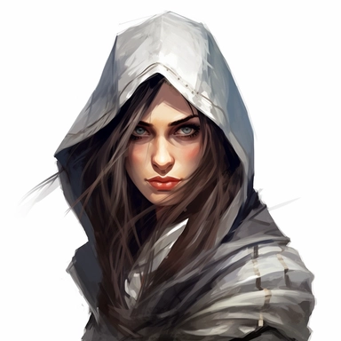 beautiful stunning pretty young woman as assassin creed character, paint art style, clipart, white background, superrealistic, one of a kind