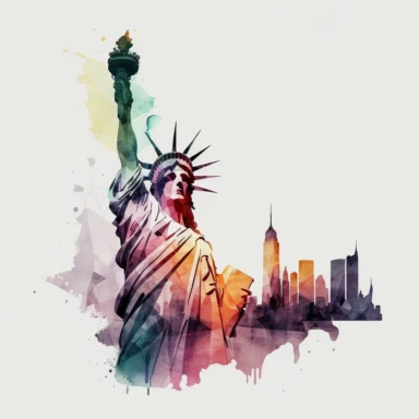 A graphic of a Statue of Liberty with the New York City skyline in the background , Watercolor, Clipart, transparent background PNG