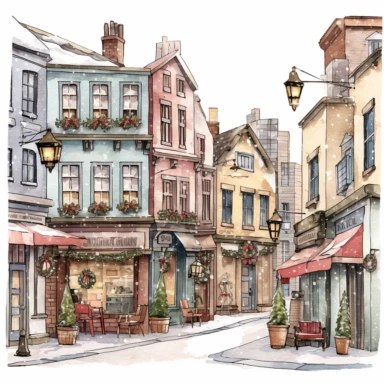 beautiful old town Christmas Clipart , style by Lucy Fleming, watercolor, smooth gradients, black contour outline, ultra detailed, clipart elements, delicate pastel colors, solid white background, super clear, high quality