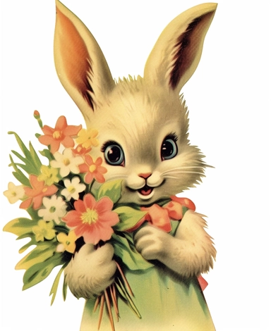1950's greeting card graphic, clipart, anthromorphic pretty baby bunny, vintage, happy, holding flowers, cute, adorable, shabby