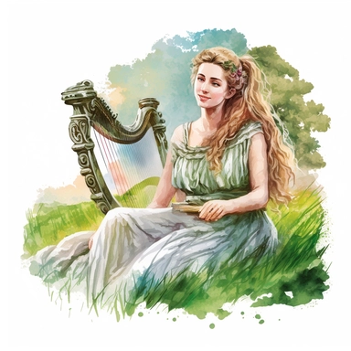 a beautiful and ultra realistic hellenistic dressed happy woman playing lyre on the grass with watercolor effect,ultra realistic and detailed face,ancient greece vibe,white background,suitable for digital clipart,hellenistic scene,ancient greece,vibrantly colors,greek columns