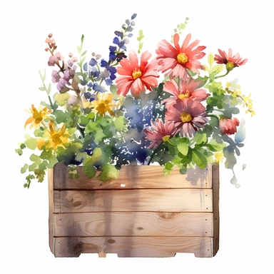 clipart, a watercolor painting of a wooden flower box filled with beautiful flowers and plants, in the style of yanjun cheng, colorful animations, rough clusters, clean and simple designs, leica cl, warm color palettes, colorful washes, white background--ar 34:33