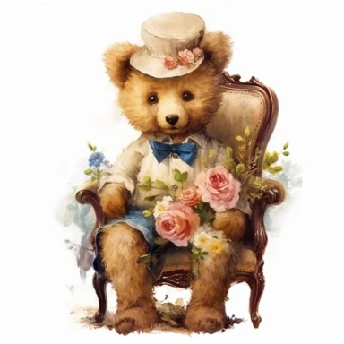 victorian vintage adorable little teddy with banquette and wild flowers, full body, clipart style, accurate details, oil painting technique, super high quality, professional watercolor clipart, high resolution
