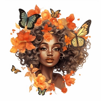 Black Angel Floral Clipart, Skin tone Amber color, curly hair, Hair Above Butterfly And some flowers , rainbow colors design clipart high resolution, white background