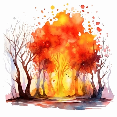 watercolor cute fire fairy mystical forest with ancient trees, flame around, detailed, hd, clipart