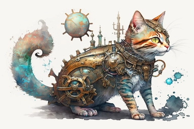 watercolor clipart, A beautiful cute cat with a steampunk-style mechanical fish in its paws, hd, on white background,
