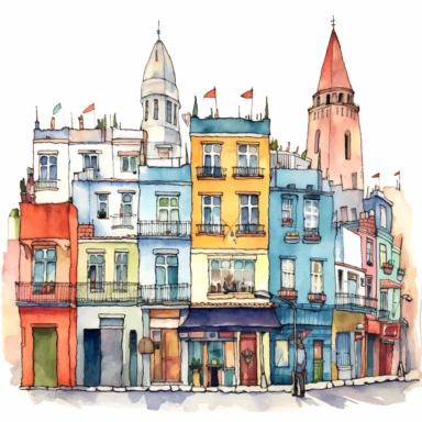 Very very cute and Whimsical street of Buenos Aires, cute houses, Obelisco, Plaza de Mayo, La Boca neighborhood, beautiful, colorful, Watercolored illustration in the style of Michael Powell, clipart, white background
