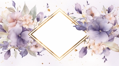 a simple gorgeous aesthetic vintage gold diamond-shape picture frame with minimal flowers border around outside the frame on soft purple background clipart, watercolor painting realistic, high quality, vibrant, Vicente Romero Redondo, Willem van Aelst