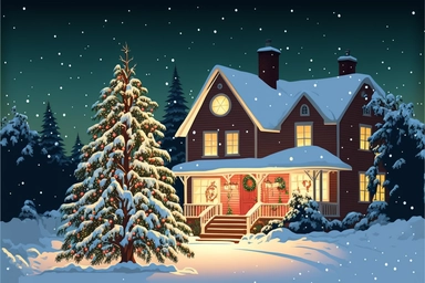 Stunning Vector clip art Christmas scene. frosty winter evening, snow is falling gently outside. The Christmas scene is one of festive cheer, as a cozy house is adorned with twinkling Christmas lights and colorful decorations. A tall Christmas tree with o