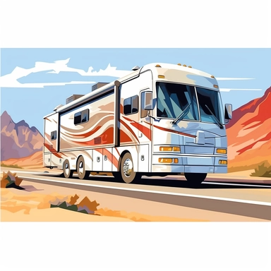 illustration large modern class a rv driving highway clipart white background and white border