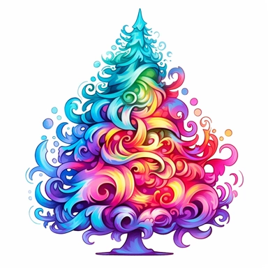 Christmas Tree, style by Lisa Frank, watercolor, smooth gradients, black contour outline, ultra detailed, clipart elements, vibrant colors, solid white background, super clear, high quality