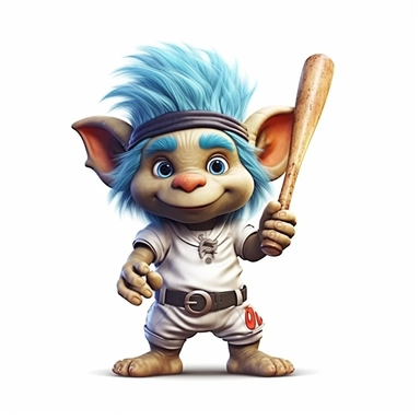 Cute Adorable magical little Troll playing baseball wears a baseball jersey, clipart, photorealistic illustration, high detail, 8k polished, 8k, vibrant colors, white background, sticker