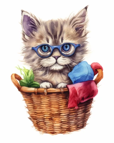 detailed watercolor Kitten in basket with eyeglasses , realistic, isolated on a white background, clipart