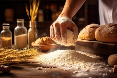 hands of a cook kneading bread dough, wooden table, background: rustic kitchen, spikelets are lying near, flour is poured, eggs, seeds, cumin are lying near, sunflower oil is in a special dispenser, realistic light, dust from flour is in the air, photo clipart, super detail, vignetting, shot with Nikon D3000, unreal engine,