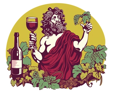 Sticker Clip Art of Sticker Clip Art of Dionysos thick God of Wine and Food, Greek Temple, mystical ancient greece background, fiest, agora, recognisable features, children friendly, illustrated in a playful style with a friendly expression, perfect for any special occasion, cut out in the shape of Dionysos, with no visible background, giving it the appearance of a high quality sticker, conveying a mystical and whimsical mood, edited with Adobe Photoshop to adjust brightness and contrast, render