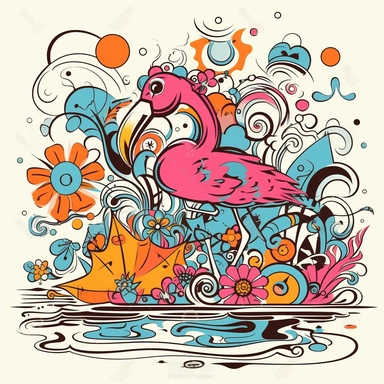 floral, no watermarks, whacky vignette, vector retro summer clipart, bright colors, happy feeling, white background, smiley, flamingo, palm tree, wave, flower, thick black contour lines , cartooney, in the style of ed roth