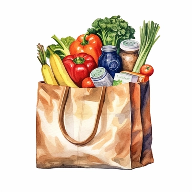 watercolor detailed illustration of Grocery bag with a variety of groceries peeking out, clipart, white background