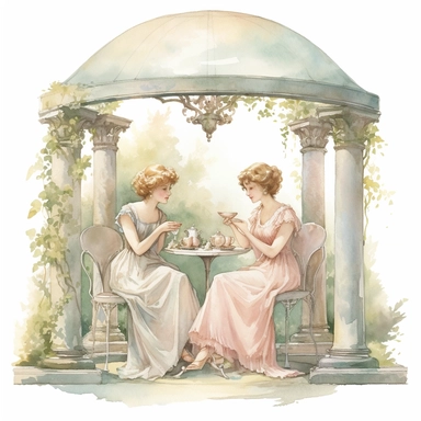 watercolor, hyper realistic, white background, white margins, 16k, ultra detailed clipart, cut out image, hand-drawn two pretty Victorian girls enjoying tea in a charming garden pavilion, complete with draped curtains, floral arrangements, and dainty tea cups. soft pastels and muted tones, such as dusty rose, antique ivory, sage green, and subtle gold accents