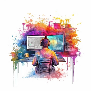 studio logo of programming colorful code getting out of a computer's screen clipart , boho style, in style of Watercolor and ink outline