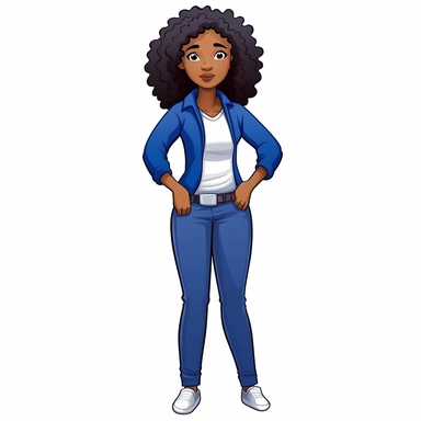 Create clipart featuring a faceless African American woman wearing casual clothing in the colors royal blue and white . The sticker should emphasize her confidence, individuality, and style. Although her face is not shown, the focus should be on her posture, body language, and fashion sense, which exude a sense of empowerment and self-assurance. The colors should complement her casual outfit, adding a touch of sophistication and elegance to the design. This clipart aims to celebrate the diverse 