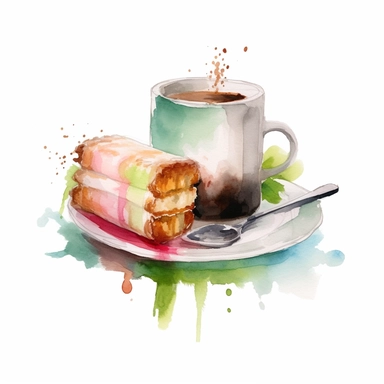 Vietnamese coffee in a metal drip filter with a pandan cake on a plate, Watercolor, pastels, clipart, beautiful, colourfull, png transparent white background, high resolution, no caption q4 s2