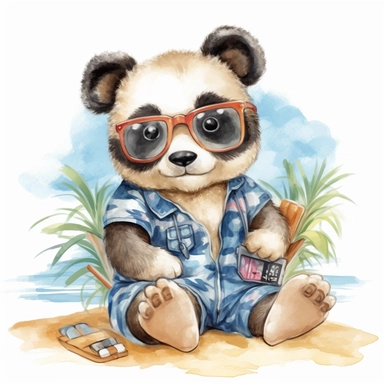 Create a watercolor illustration clipart of a playful cute Baby Panda Wearing sunglasses on the beach, with its full body visible. Use soft, flowing brushstrokes and a warm, inviting color palette to create an image that is both charming and whimsical. Incorporate intricate details like the motion of Baby Panda Wearing sunglasses on the beach to create a lifelike, realistic image. Can add other elements to the illustration like related item to play to create playful scene. Use white background t