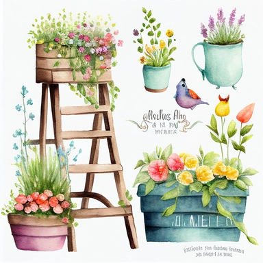 Watercolor Spring Planters Clipart - springtime cute planter boxes and garden ladders