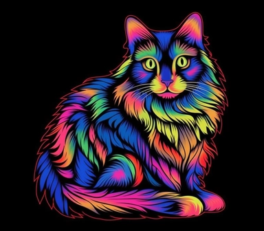6 tattoo art style adorable cat ragdoll, black defined outlines, high details, clipart, hd, isolated on black background, spaced out, vibrant rainbow colors