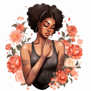 ultra detailed Black Girl Self Love Clipart, solid white background, cozy outfit, beautiful, super cute , super hot, full body shot, self love, peaceful, watercolor, floral, contour, PHOTOREALISM portrait , by ANIMATION